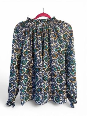 Oliphant Smocked-Neck Floral Blouse in Blue, Green & Cream 100% Viscose